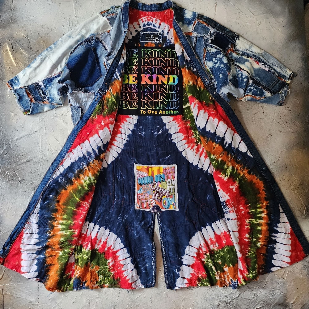 Bohemian Kimono Upcycled Vintage Denim Concept Tattoo Marilyn Monroe Patchwork - Picture 3 of 16